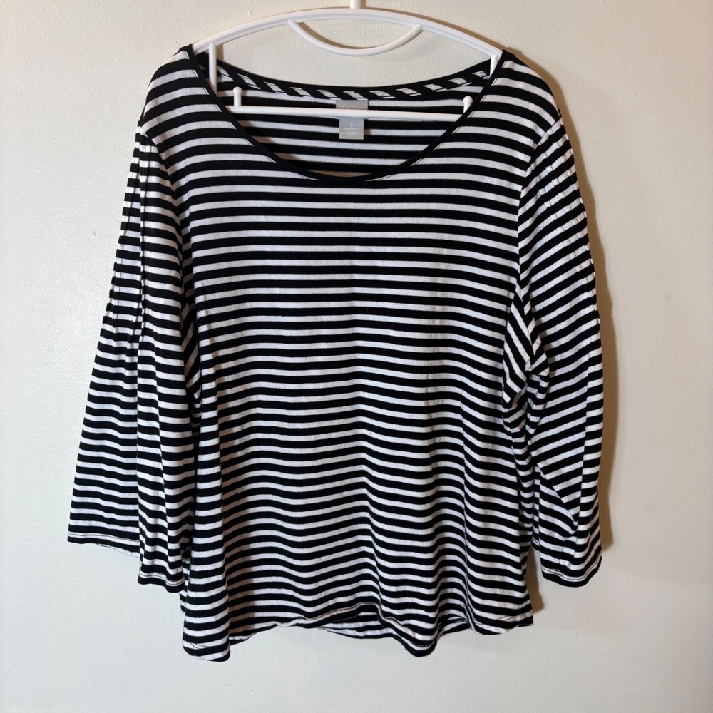 Chicos‎ Black White Striped 3/4 Sleeve Scoop Neck Top Size 3 (XL) Cotton Modal